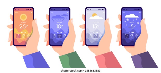 Hands holding smartphone with weather app, cloudy, rainy and sunny day concept, touchscreen device with different seasons and daily temperature, vector flat illustration