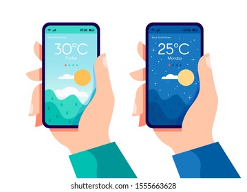 Hands holding smartphone with weather app, night and sunny day concept, touchscreen device with nature way day turns to night vector flat illustration for websites and banners design