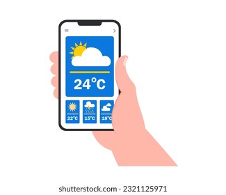 Hands holding smartphone with weather app with daily weather information vector flat illustration