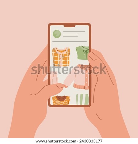 Hands holding smartphone, which displays an interface of shopping app with images of various clothing items. Online Apparel Shopping on phone. Flat vector illustration.