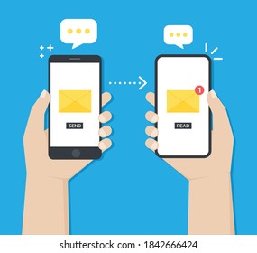 Manos sosteniendo un Smartphone mientras mandan mensajes o correos electrónicos de un equipo a otro, El concepto de comunicación en línea, Vector, Ilustración.