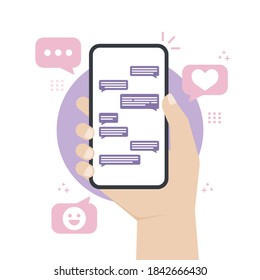 Hands holding a Smartphone while send message or chatting to other people, The concept of online communication, Vector, Illustration.