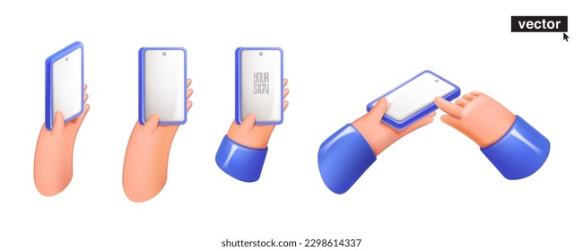 Hands holding smartphone with white screen. Mobile phone and tablet mockup. Realistic 3D design in cartoon plastic style. Vector illustration of electronic gadgets for your Social Media design.