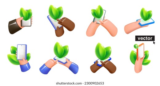 Manos con smartphone con pantalla blanca, hojas y esferas verdes. Mochila de gadget de teléfono móvil. Diseño 3D realista al estilo plástico de dibujos animados. Ilustración de vectores para su diseño de medios sociales ecológicos