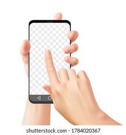 Hands Holding Smartphone. Woman Uses Mobile Phone For Online Communication Chatting With App, Realistic Hand Touch Cellphone Screen Device Vector Mockup On Transparent Background