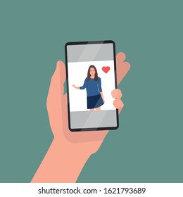 Hands holding smartphone with young smiling women displaying on screen. taking selfie, happy people photographing themselves. Flat colorful cartoon vector illustration.