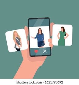 Hands holding smartphone with young smiling men and women displaying on screen. Friends taking selfie, group of happy people photographing themselves. Flat colorful cartoon vector illustration.