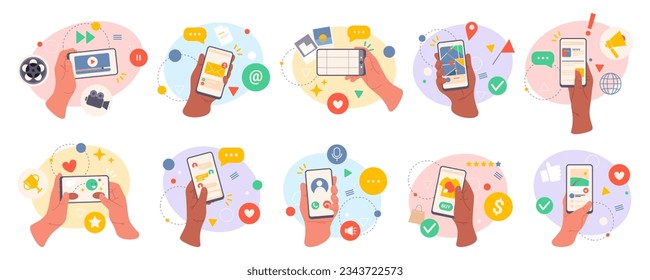 Hands holding smartphones with application for education and entertainment, flat cartoon vector illustration set. Isolated screen with video and schedule calendar, game and gallery