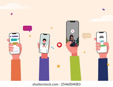 Hands holding smartphones. Banner to show Use of smart phones these days. Hands holding smartphones with screens banner. One is chatting, seeing doctor's video, video calling, sending money.