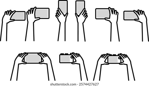 Hands holding smartphones and cameras set in black and white