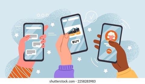 Hands holding smartphones. Character reads chat, orders goods in online store and communicates in social networks. Gadgets and devices. Wireless connection. Cartoon flat vector illustration