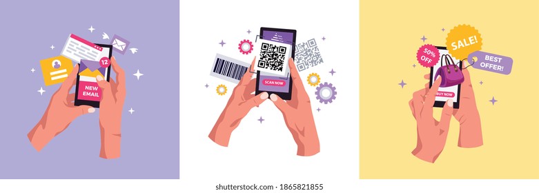Handys, die Smartphones beim Senden von E-Mail-Shopping-Scanning-Barcodes halten 3 flache Hintergrundkompositionen Konzept, Vektorgrafik 