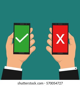 Hands holding smartphones with checkmarks set. White tick and cross check marks on green and red smartphones screens. Success and failure concept. Creative long shadow flat design. Vector illustration