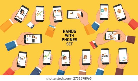 Hands holding smartphones in circular layout, diverse user sleeves and screen activities for mobile interaction, tech or communication design