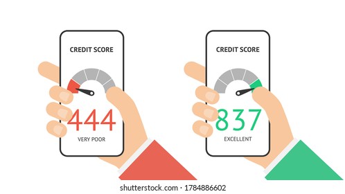 Hands holding smartphones with credit score app on the screen in flat style with different level bad and good vector isolated on white background