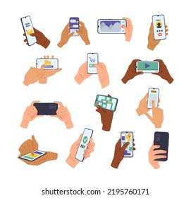 Hands Holding Smartphones With Different Apps. Multiracial Hands Using Phones For Communication, Shopping, Searching Route On Map, Calling, Playing Games And Social Networking Cartoon Vector