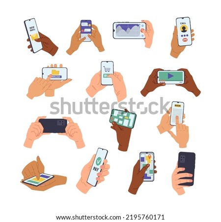 Hands holding smartphones with different apps. Multiracial hands using phones for communication, shopping, searching route on map, calling, playing games and social networking cartoon vector