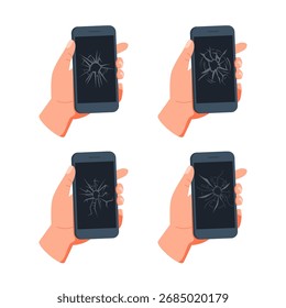 Mãos segurando smartphones com diferentes telas danificadas