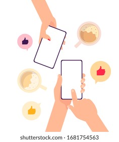 Manos con smartphones con pantalla vacía, ilustración vectorial plana aislada en fondo blanco. Aplicación de comercio electrónico y concepto de comunicación en línea.