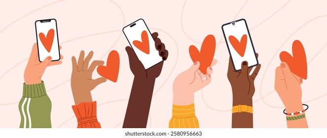 Hands holding smartphones with hearts on screens. Mobile online dating service, love and partner search, romantic communication, vector set