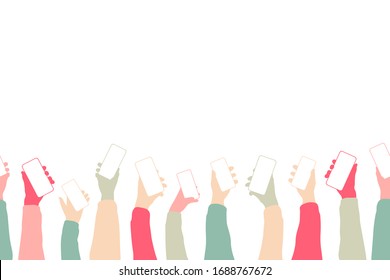 Hands holding smartphones horizontally seamless pattern. Various diverse colourful hands holding smartphones together with copy-space