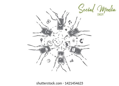 Hands holding smartphones, internet connection, digital marketing, social media obsession. Friends communicating online, mobile technology concept sketch. Hand drawn vector illustration