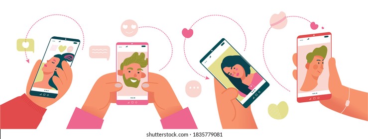 Hands holding smartphones with man and woman profiles in dating website app. Young people loking for a couple on meeting website. Colorful cartoon vector illustration for designers temlates.Flat desig