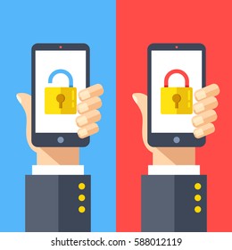 Hands holding smartphones with open and closed locks on screen. Locked and unlocked cell phones. Modern flat design graphic elements set for web banner, website, printed materials. Vector illustration