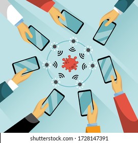 Hands holding a smartphones and opening a location tracking application for people infected with the corona virus, technology and corona virus covid-19.