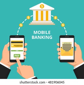 Hands holding smartphones with payment apps on the screen. Concept for mobile banking and online payment. Vector flat illustration.