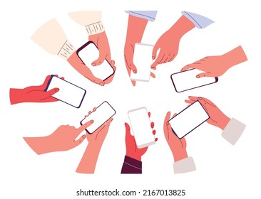 Hands holding smartphones. People using mobile phones, empty screen, advertisement mobile phone, mobile app