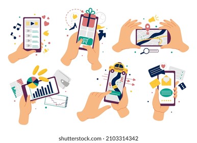 Hands holding smartphones. Phone money wallet, isolated hand use touch screen of phones. Message send, mobile navigation and online store, decent vector concept