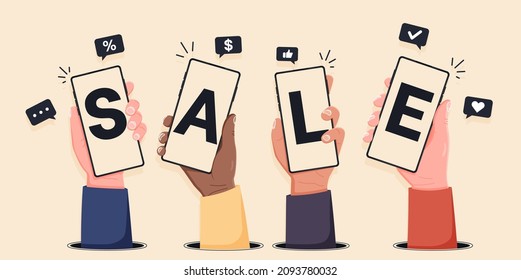 Hands holding smartphones and show SALE. Online shopping with mobile phones. Buy easily things on web shops. Marketing image for big sales. 