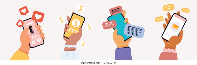 Hands holding smartphones. Social network communication on mobile app. New chat messages notification on mobile phone. Mobile application concept. Vector flat cartoon illustration.
