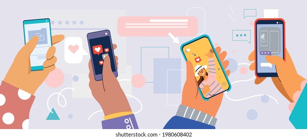Hands holding smartphones. Social network communication on mobile app. New chat messages notification on mobile phone. Mobile application concept. Vector flat cartoon illustration.