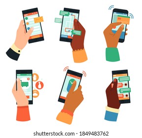 Hands holding smartphones. Social networking, mobile app, or communication concept. Male and female hands with gadgets vector illustrations. Touching screen with message, map with navigation