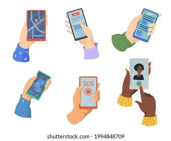 Hands holding smartphones vector illustrations set. People using phones, female taking photo, sending SOS message, online shops isolated on white background. Network, technology, mobile app concept