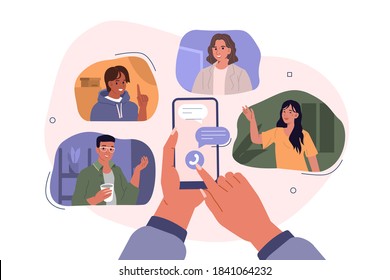 Hands Holding Smartphones with Video Chat on Screen.  Boys and Girls Chatting and Communicating Together in Social Media. Female and Male Characters Talking Online. Flat Cartoon Vector Illustration.