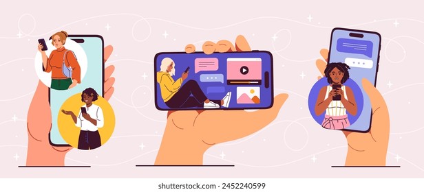 Hands holding smartphones with video chat interface on screen. Girls and boys chatting together with Social Media apps. Female and male characters talking. Modern flat cartoon vector illustration.