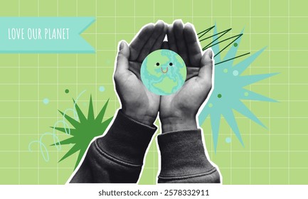  Hands Holding Smiling Earth with Love Our Planet Message