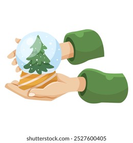 Hands holding a snow globe with a Christmas tree inside. Vector illustration