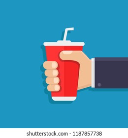 Hands holding soft drinks, flat design vector illustration