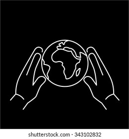 Hands holding softly globe ecology and environment vector icon and infographic white on black background
