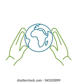 Hands holding softly globe ecology and environment vector icon and infographic colorful on white background