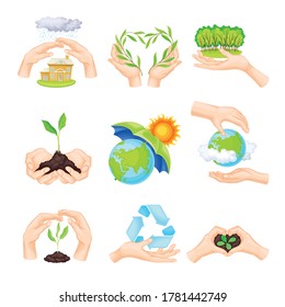 Hands Holding Soil and Green Plant as Nature Protection Vector Illustration Set