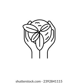Hands holding soil on the pot with plant flat line icon. Vector thin sign of environment protection, ecology concept logo. Agriculture illustration. save our earth campaign.