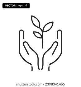 Hands holding soil with plant flat line icon. Vector thin sign of environment protection, ecology concept logo. Agriculture illustration.