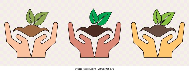 Hands holding soil with plant flat line icon. Vector thin sign of environment protection, ecology concept logo. Agriculture illustration