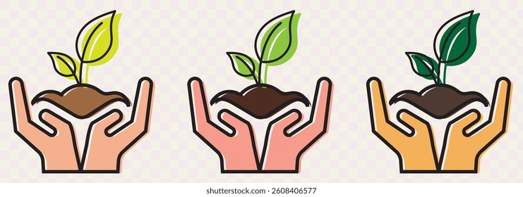 Hands holding soil with plant flat line icon. Vector thin sign of environment protection, ecology concept logo. Agriculture illustration