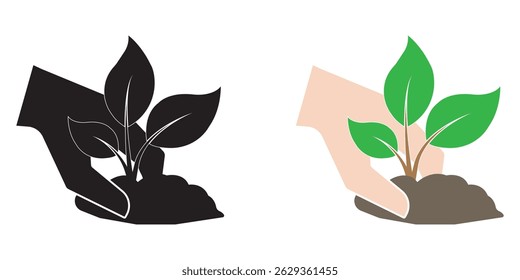 Hands holding soil with plant flat line icon. Plant, sprout in a hand icon. Line, glyph and filled outline colorful version, Hand holding plant outline and filled vector sign. Symbol eps 10